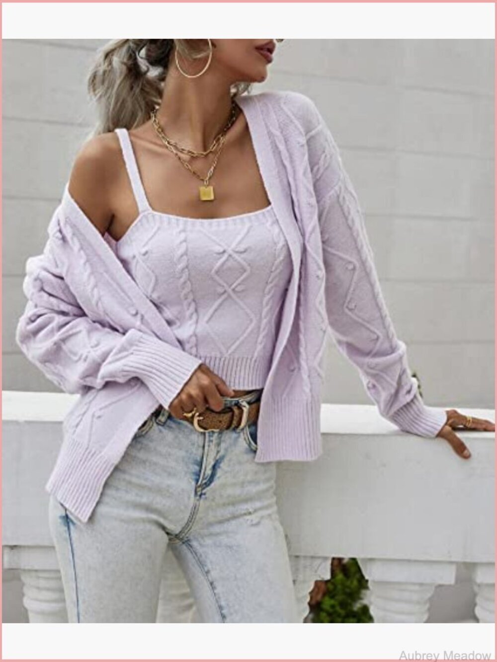 Women's 2-Piece Cropped Tank & Cardigan Sweater Set Cable Knit - Picture 4 of 6